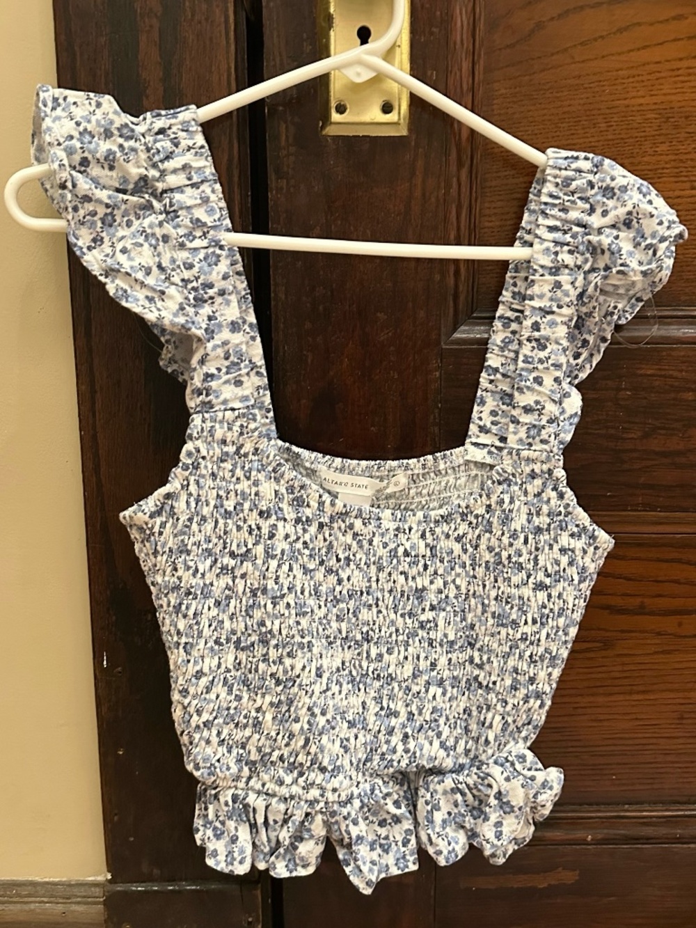 Altar'd State Blue Floral Smocked Ruffle Crop Top